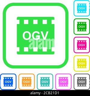 OGV-Film-Format lebendige farbige flache Symbole in gekrümmten Rändern Auf weißem Hintergrund Stock Vektor