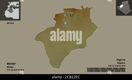 Form von Béchar, Provinz Algerien, und seine Hauptstadt. Entfernungsskala, Vorschauen und Beschriftungen. Topografische Reliefkarte. 3D-Rendering Stockfoto