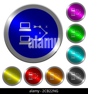 Traceroute Remote-Computer-Symbole auf runden leuchtenden Münze-wie Farbe Stahl Tasten Stock Vektor