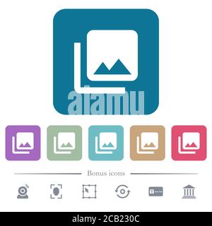 Fotobibliothek weiße flache Symbole auf farbigen abgerundeten quadratischen Hintergründen. 6 Bonus-Symbole enthalten Stock Vektor