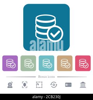 Datenbank ok weiße flache Symbole auf Farbe abgerundeten quadratischen Hintergründen. 6 Bonus-Symbole enthalten Stock Vektor