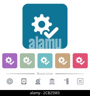 Einstellungen ok weiße flache Symbole auf Farbe abgerundeten quadratischen Hintergründen. 6 Bonus-Symbole enthalten Stock Vektor