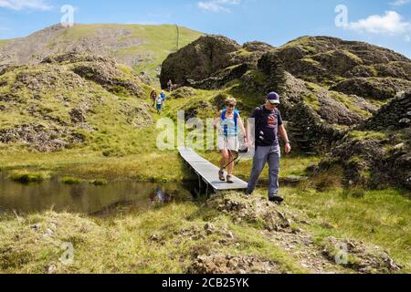Wanderer überqueren Fußgängerbrücke auf dem Weg über sumpfige Upland Pool in den Bergen des Snowdonia National Park. Moel yr Ogof, Beddgelert, Gwynedd, Wales, Großbritannien Stockfoto