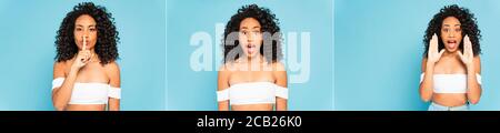 Collage von emotionalen afroamerikanischen Mädchen schreien und zeigen Stille blau anmelden Stockfoto
