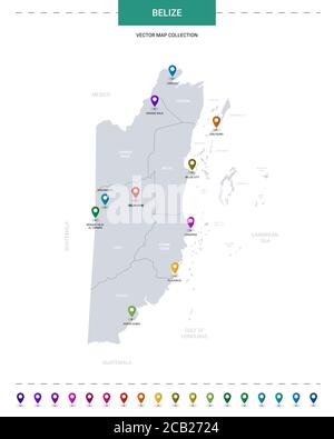 Belize-Karte mit Positionsmarkierungen. Infografik Vektorvorlage, isoliert auf weißem Hintergrund. Stock Vektor