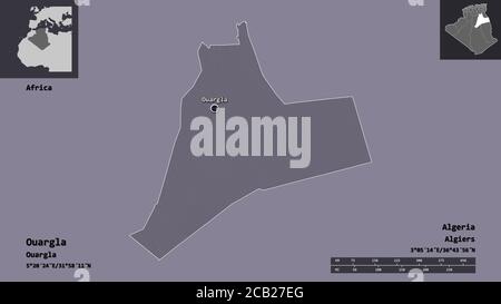 Form von Ouargla, Provinz Algerien, und seine Hauptstadt. Entfernungsskala, Vorschauen und Beschriftungen. Farbige Höhenkarte. 3D-Rendering Stockfoto