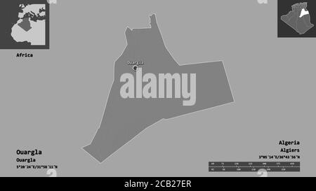 Form von Ouargla, Provinz Algerien, und seine Hauptstadt. Entfernungsskala, Vorschauen und Beschriftungen. Höhenkarte mit zwei Ebenen. 3D-Rendering Stockfoto