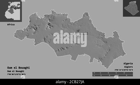 Form von Oum el Bouaghi, Provinz Algerien, und seine Hauptstadt. Entfernungsskala, Vorschauen und Beschriftungen. Höhenkarte mit zwei Ebenen. 3D-Rendering Stockfoto