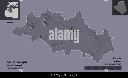 Form von Oum el Bouaghi, Provinz Algerien, und seine Hauptstadt. Entfernungsskala, Vorschauen und Beschriftungen. Farbige Höhenkarte. 3D-Rendering Stockfoto