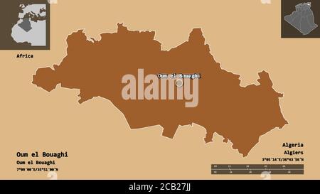 Form von Oum el Bouaghi, Provinz Algerien, und seine Hauptstadt. Entfernungsskala, Vorschauen und Beschriftungen. Komposition von gemusterten Texturen. 3D-Rendering Stockfoto