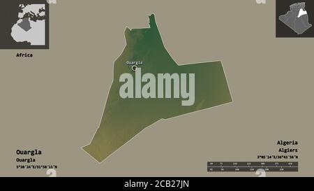 Form von Ouargla, Provinz Algerien, und seine Hauptstadt. Entfernungsskala, Vorschauen und Beschriftungen. Topografische Reliefkarte. 3D-Rendering Stockfoto