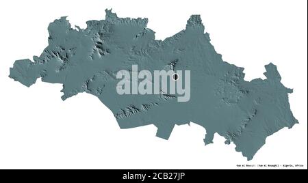 Form von Oum el Bouaghi, Provinz Algerien, mit seiner Hauptstadt isoliert auf weißem Hintergrund. Farbige Höhenkarte. 3D-Rendering Stockfoto