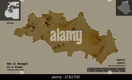 Form von Oum el Bouaghi, Provinz Algerien, und seine Hauptstadt. Entfernungsskala, Vorschauen und Beschriftungen. Topografische Reliefkarte. 3D-Rendering Stockfoto