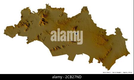 Form von Oum el Bouaghi, Provinz Algerien, mit seiner Hauptstadt isoliert auf weißem Hintergrund. Topografische Reliefkarte. 3D-Rendering Stockfoto