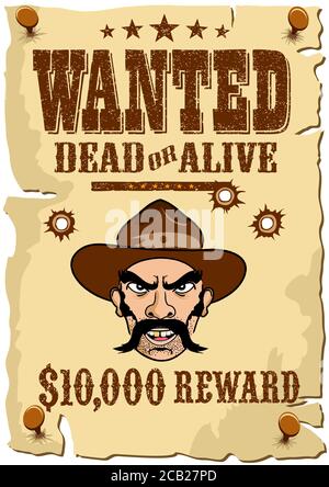 WANTED Outlaw Poster, Wild West Vorlage in einem Cartoon-Stil Stockfoto