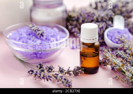 Lavendel ätherisches Öl Glasflasche Tropf mit Badeprodukt violett Meersalz auf rosa Hintergrund. Frische Lavendelblüten. Aromatherapie-Behandlung Stockfoto