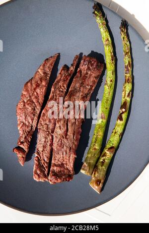 Gegrilltes Rindersteak mit grünem Spargel auf blauem Teller und weißem Hintergrund Draufsicht, Barbecue trocken gereiftem Steak Stockfoto