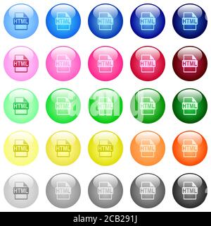 HTML-Dateiformatsymbole in einem Satz von 25 glänzenden Farben Kugelförmige Tasten Stock Vektor
