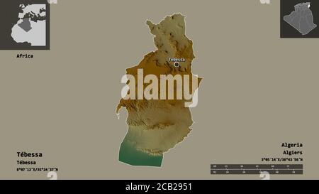 Form von Tébessa, Provinz Algerien, und seine Hauptstadt. Entfernungsskala, Vorschauen und Beschriftungen. Topografische Reliefkarte. 3D-Rendering Stockfoto