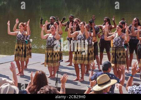 Neuseeländische Maori-Frauen einer kapa-haka-Gruppe, die traditionelle Kleidung tragen und eine Waiata (Lied) vortragen. Hamilton, NZ, 23. März 2019 Stockfoto
