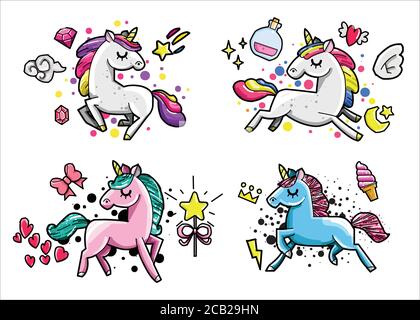 Niedliche Einhorn Doodle Sammlung mit magischen Gegenständen, Regenbogen, Feenflügel, Kristalle, Wolken, Trank. Handgezeichnete Linienführung. Vektorgrafiken kritzeln Illustrationen Stock Vektor