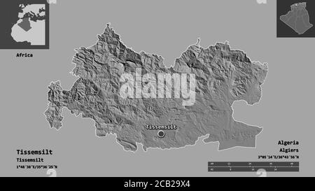 Form von Tissemsilt, Provinz Algerien, und seine Hauptstadt. Entfernungsskala, Vorschauen und Beschriftungen. Höhenkarte mit zwei Ebenen. 3D-Rendering Stockfoto