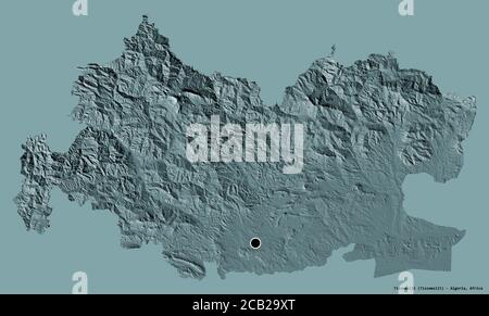 Form von Tissemsilt, Provinz Algerien, mit seiner Hauptstadt isoliert auf einem einfarbigen Hintergrund. Farbige Höhenkarte. 3D-Rendering Stockfoto