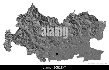 Form von Tissemsilt, Provinz Algerien, mit seiner Hauptstadt isoliert auf weißem Hintergrund. Höhenkarte mit zwei Ebenen. 3D-Rendering Stockfoto