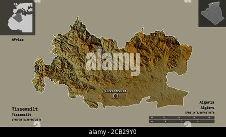 Form von Tissemsilt, Provinz Algerien, und seine Hauptstadt. Entfernungsskala, Vorschauen und Beschriftungen. Topografische Reliefkarte. 3D-Rendering Stockfoto