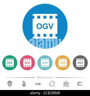 OGV Film-Format flache weiße Symbole auf runden farbigen Hintergründen. 6 Bonus-Symbole enthalten. Stock Vektor