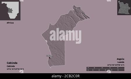 Form von Cabinda, Provinz Angola, und seine Hauptstadt. Entfernungsskala, Vorschauen und Beschriftungen. Farbige Höhenkarte. 3D-Rendering Stockfoto