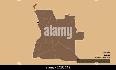 Entsättigte Form von Angola mit seiner Hauptstadt, der wichtigsten regionalen Teilung und der abgetrennten Cabinda-Bereich. Beschriftungen. Komposition von gemusterten Texturen. 3D ren Stockfoto