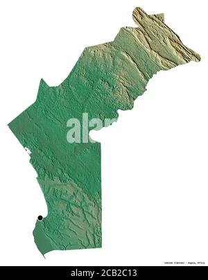 Form von Cabinda, Provinz Angola, mit seiner Hauptstadt isoliert auf weißem Hintergrund. Topografische Reliefkarte. 3D-Rendering Stockfoto