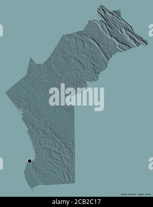 Form von Cabinda, Provinz Angola, mit seiner Hauptstadt isoliert auf einem einfarbigen Hintergrund. Farbige Höhenkarte. 3D-Rendering Stockfoto