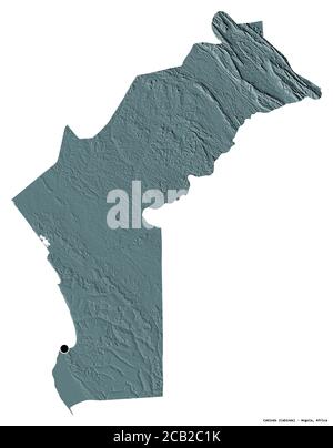 Form von Cabinda, Provinz Angola, mit seiner Hauptstadt isoliert auf weißem Hintergrund. Farbige Höhenkarte. 3D-Rendering Stockfoto
