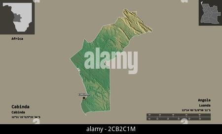 Form von Cabinda, Provinz Angola, und seine Hauptstadt. Entfernungsskala, Vorschauen und Beschriftungen. Topografische Reliefkarte. 3D-Rendering Stockfoto
