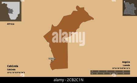 Form von Cabinda, Provinz Angola, und seine Hauptstadt. Entfernungsskala, Vorschauen und Beschriftungen. Komposition von gemusterten Texturen. 3D-Rendering Stockfoto