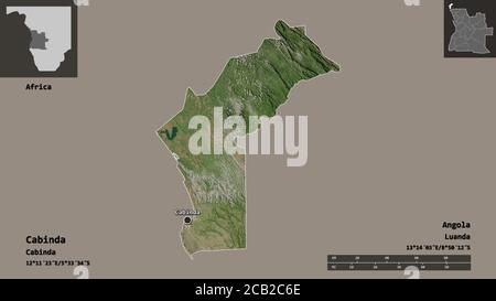 Form von Cabinda, Provinz Angola, und seine Hauptstadt. Entfernungsskala, Vorschauen und Beschriftungen. Satellitenbilder. 3D-Rendering Stockfoto