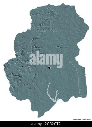 Form von Huambo, Provinz Angola, mit seiner Hauptstadt isoliert auf weißem Hintergrund. Farbige Höhenkarte. 3D-Rendering Stockfoto