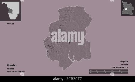 Form von Huambo, Provinz Angola, und seine Hauptstadt. Entfernungsskala, Vorschauen und Beschriftungen. Farbige Höhenkarte. 3D-Rendering Stockfoto