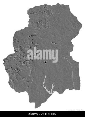 Form von Huambo, Provinz Angola, mit seiner Hauptstadt isoliert auf weißem Hintergrund. Höhenkarte mit zwei Ebenen. 3D-Rendering Stockfoto