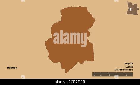 Form von Huambo, Provinz Angola, mit seiner Hauptstadt isoliert auf festem Hintergrund. Entfernungsskala, Regionenvorschau und Beschriftungen. Zusammensetzung des Musteres Stockfoto