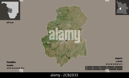 Form von Huambo, Provinz Angola, und seine Hauptstadt. Entfernungsskala, Vorschauen und Beschriftungen. Satellitenbilder. 3D-Rendering Stockfoto