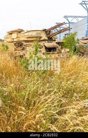 Korrodierender Tank, sowjetische ZSU Selbstfahrende Anti-Aircraft Gun, in Großbritannien. Gepanzertes Kampffahrzeug, AFV, in langem Gras. Raus ins Gras. Überwuchtiges Unterholz Stockfoto