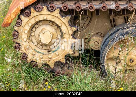Korrodierender Panzer im Imperial war Museum, Duxford, Cambridgeshire, Großbritannien. Gepanzertes Kampffahrzeug, AFV, in langem Gras. Raus ins Gras. Tankspuren Stockfoto
