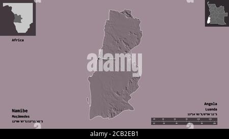 Form von Namibe, Provinz Angola, und seine Hauptstadt. Entfernungsskala, Vorschauen und Beschriftungen. Farbige Höhenkarte. 3D-Rendering Stockfoto