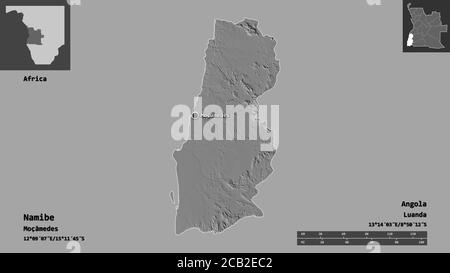 Form von Namibe, Provinz Angola, und seine Hauptstadt. Entfernungsskala, Vorschauen und Beschriftungen. Höhenkarte mit zwei Ebenen. 3D-Rendering Stockfoto