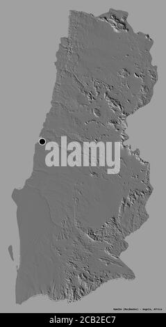 Form von Namibe, Provinz Angola, mit seiner Hauptstadt isoliert auf einem einfarbigen Hintergrund. Höhenkarte mit zwei Ebenen. 3D-Rendering Stockfoto
