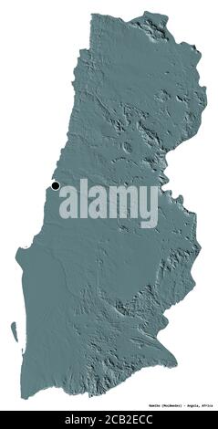 Form von Namibe, Provinz Angola, mit seiner Hauptstadt isoliert auf weißem Hintergrund. Farbige Höhenkarte. 3D-Rendering Stockfoto