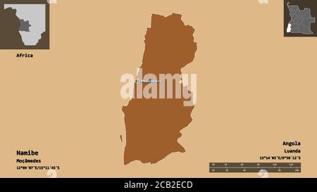 Form von Namibe, Provinz Angola, und seine Hauptstadt. Entfernungsskala, Vorschauen und Beschriftungen. Komposition von gemusterten Texturen. 3D-Rendering Stockfoto